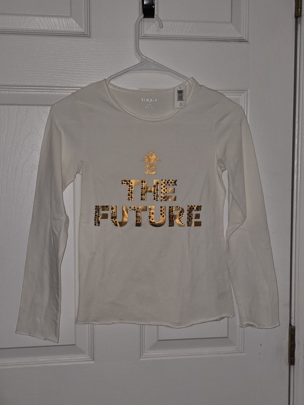 kidpik Cream Long Sleeve Tee with Gold Sequin 'The Future' Graphic